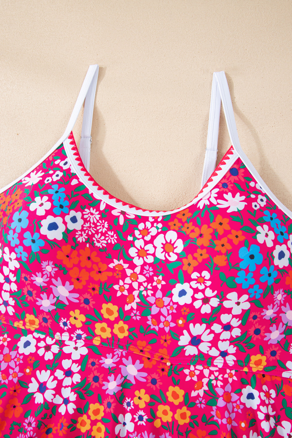 Rose Floral Print Ricrac Trim Spaghetti Strap One Piece Swim Dress
