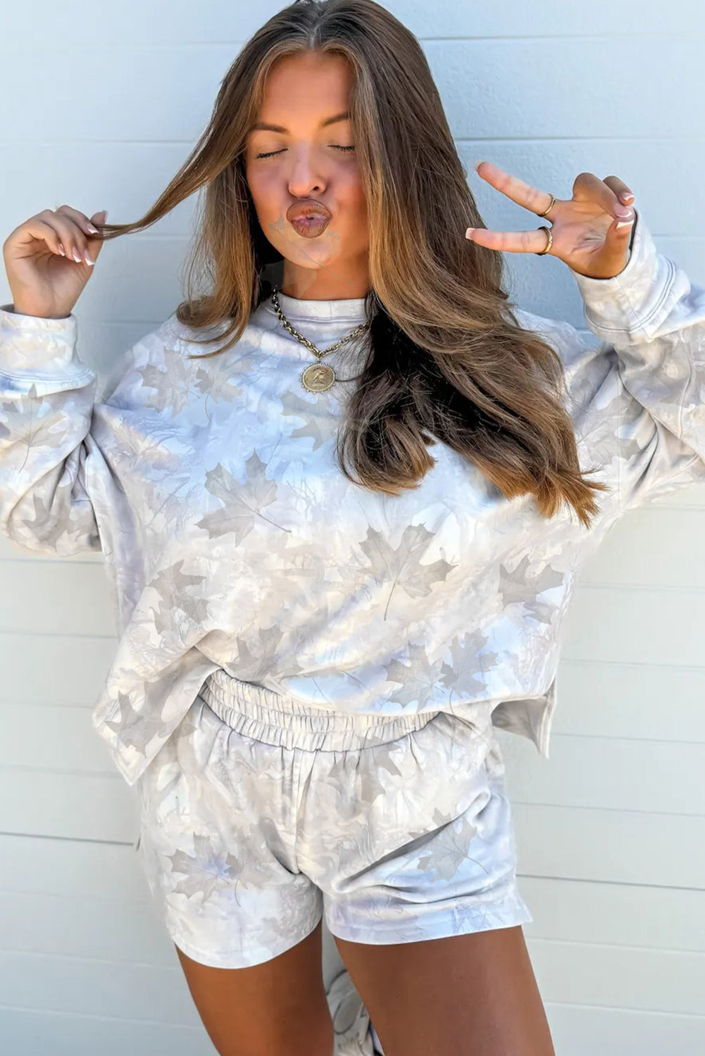 Beige Maple Camo Print Pullover Top and Elastic Waist Casual Short Set