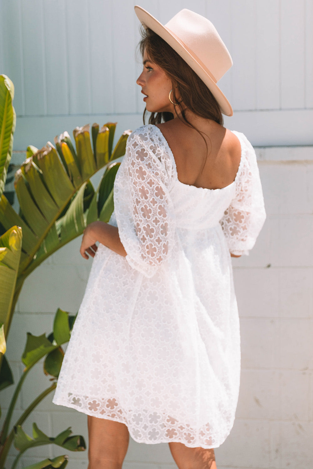 White Floral Lace Puff Sleeve Empire Waist Mini Dress