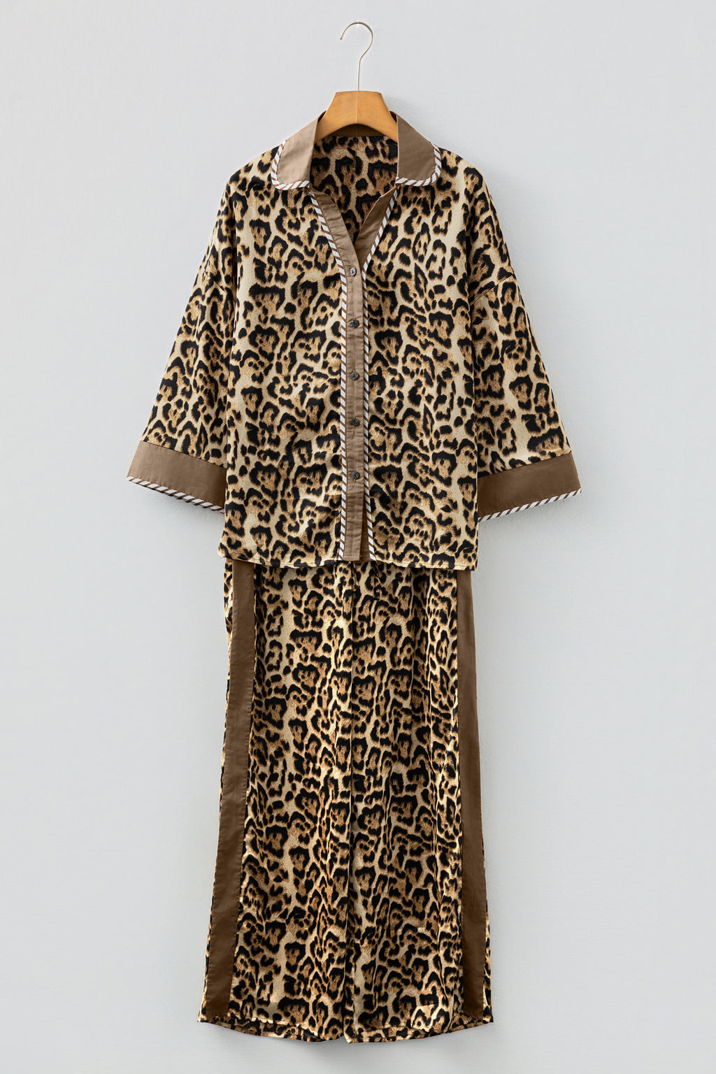 Brown Leopard Collared 3/4 Sleeve Shirt and Loose Pants Two Piece Outfit Set