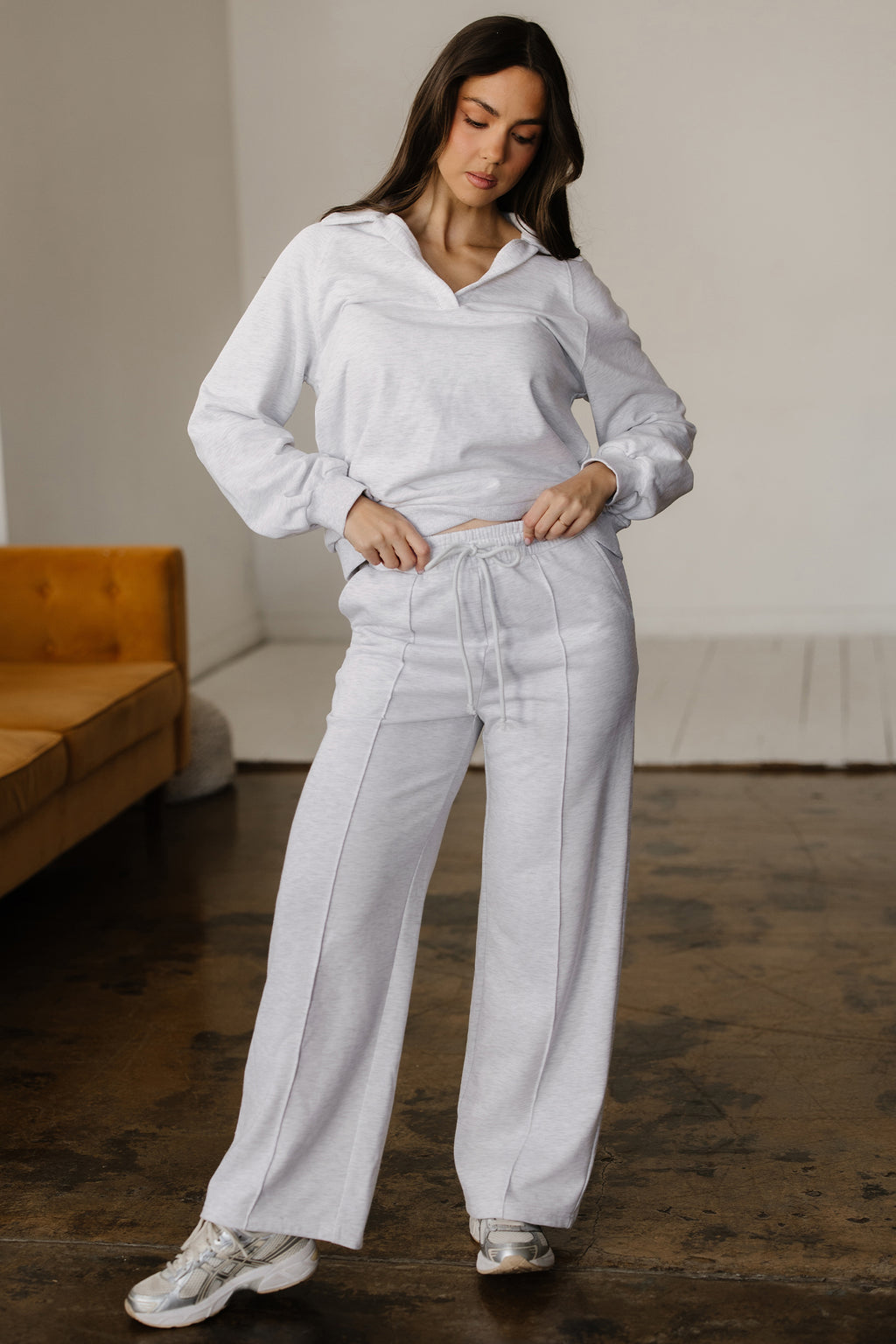 Light Grey Polo Collar V Neck Pullover and Drawstring Sweatpants Set