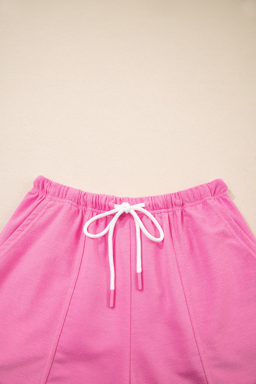 Bonbon V Neck Drop Shoulder Tee and Patchwork Drawstring Elastic Waistband Shorts Set