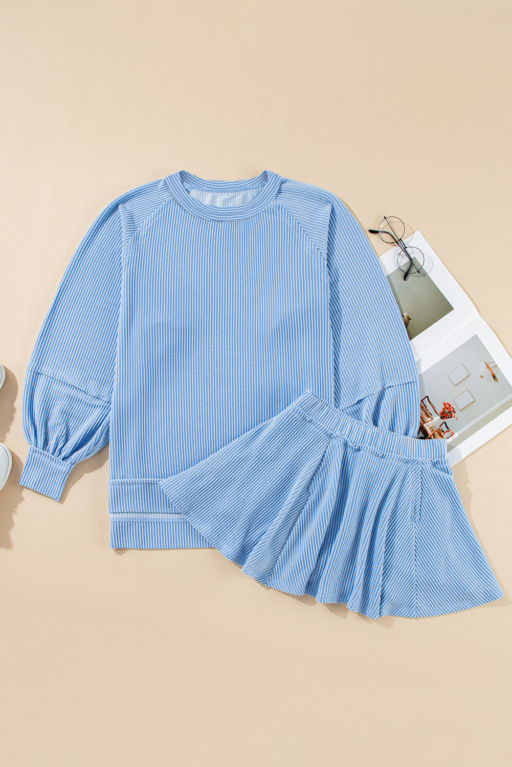 Sky Blue Corded Lantern Sleeve Top High Waist Ruffled Mini Skort Set