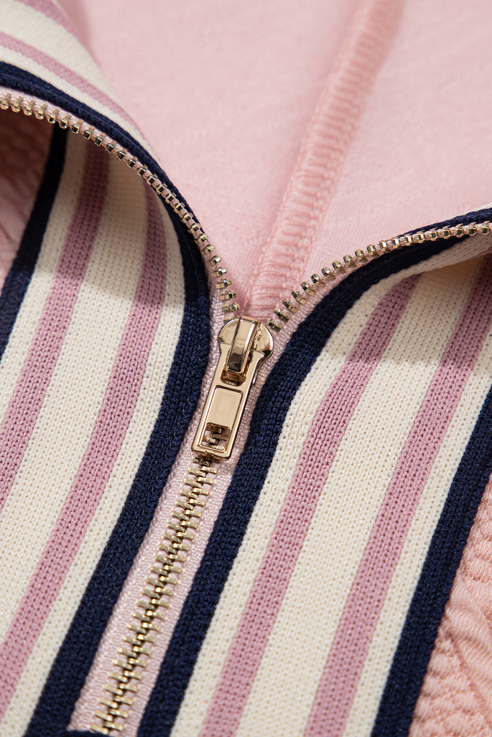 Light Pink Striped Collared Zip up Textured Skirt Set