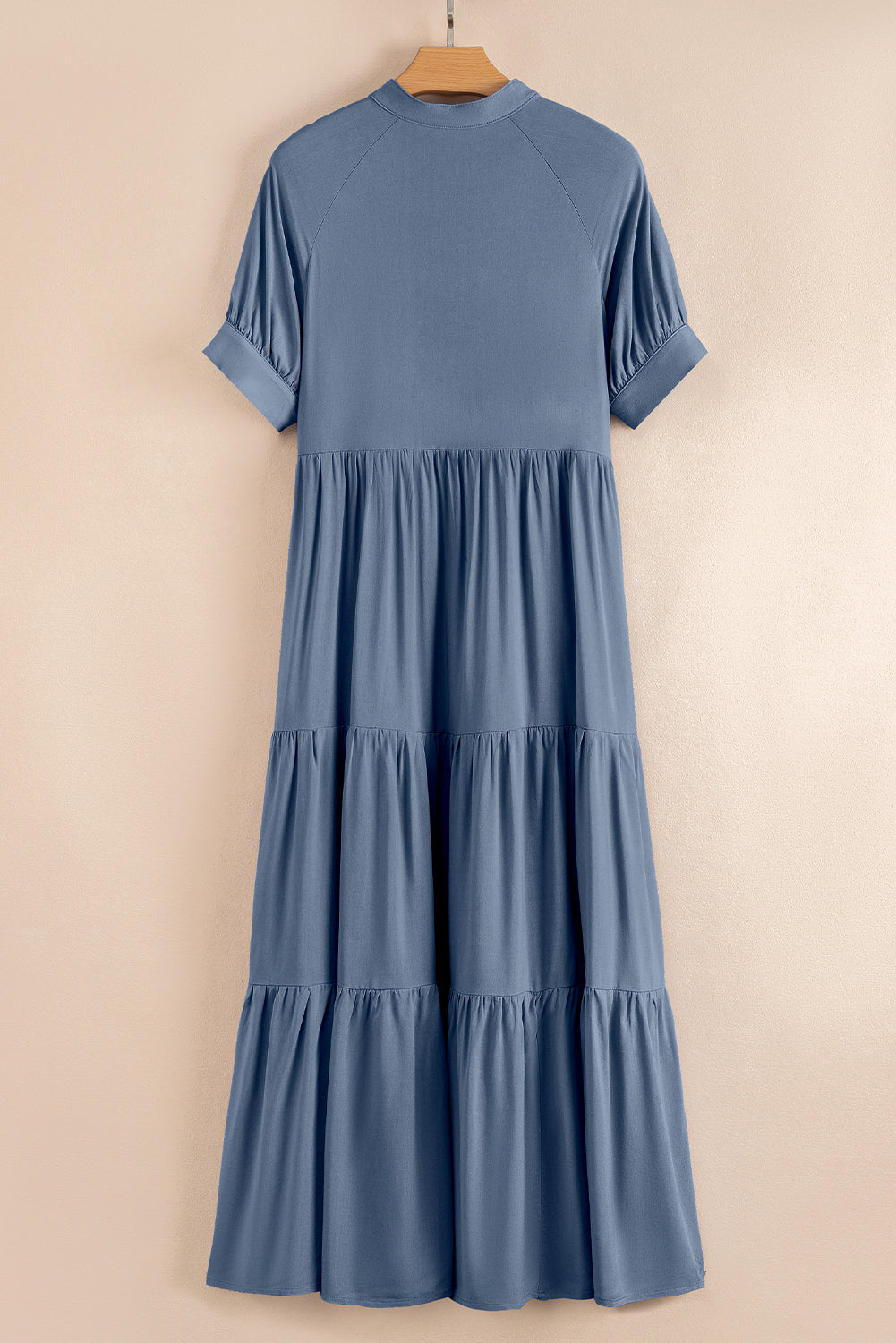 Ashleigh Blue Hidden Buttons Short Sleeve Ruffle Tiered Long Flared Dress