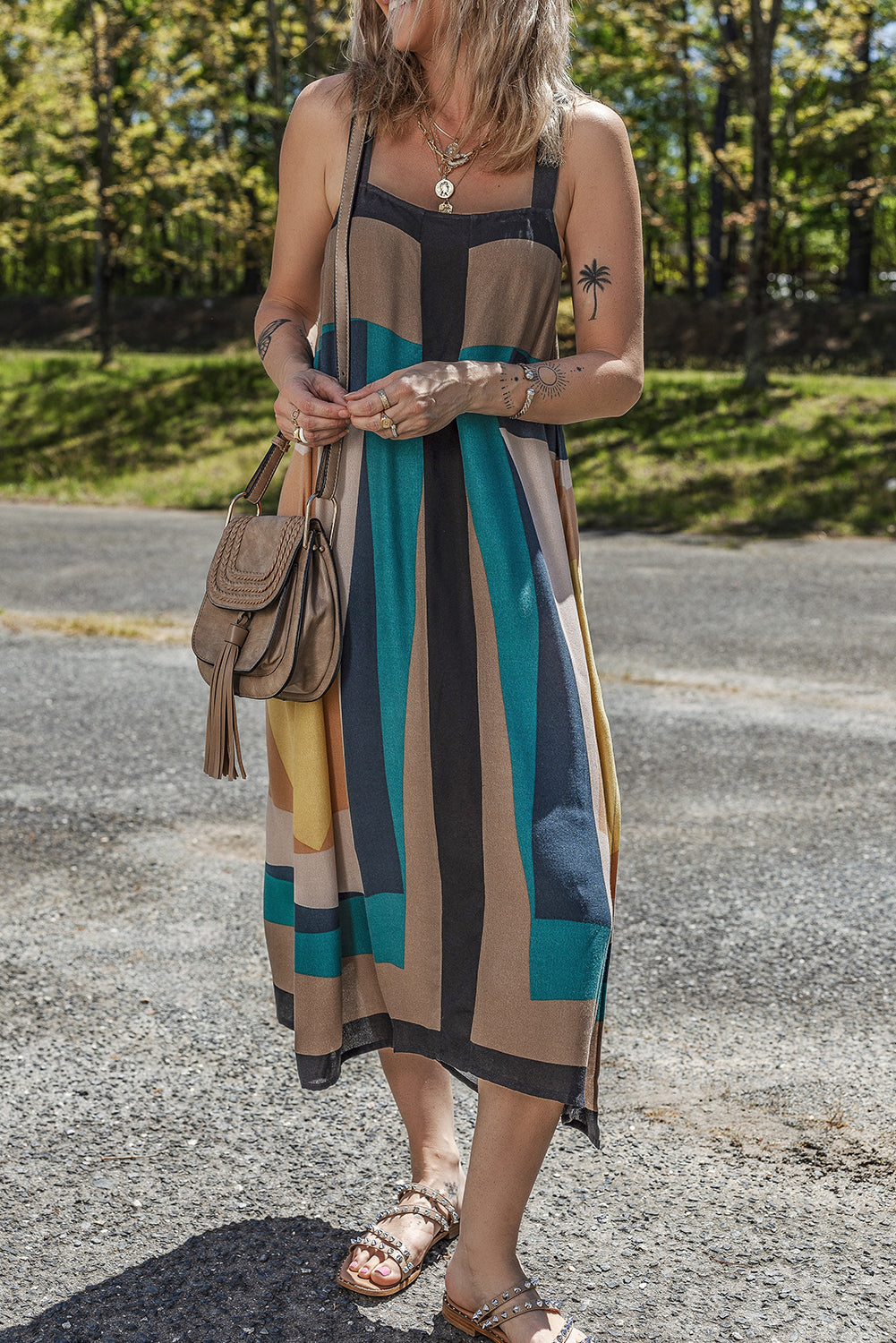 Brown Retro Geometric Printed Y Back Sleeveless Dress