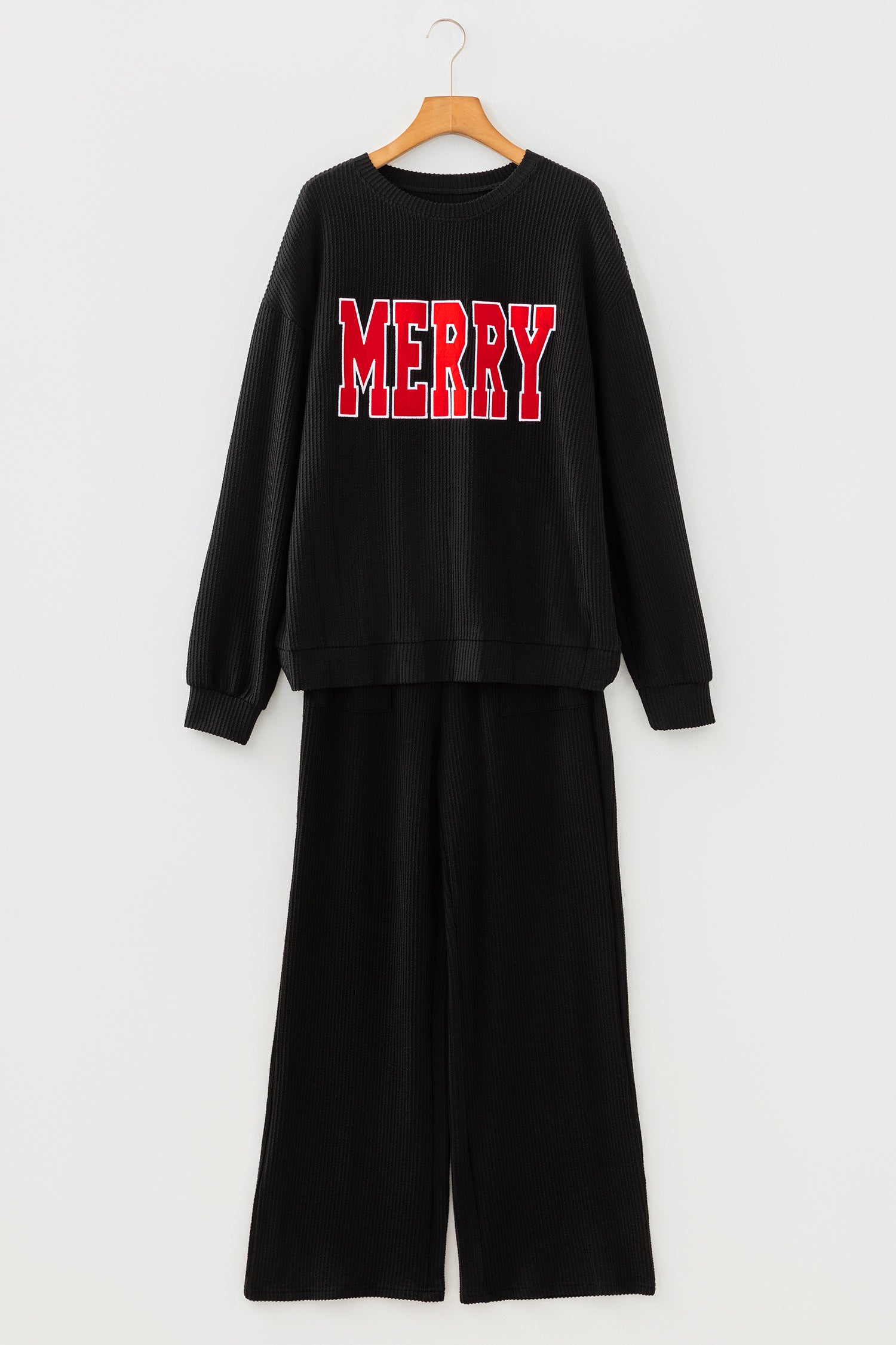 Black MERRY Corded Long Sleeve Top and Pockets Pants Set