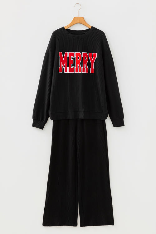 Black MERRY Corded Long Sleeve Top and Pockets Pants Set