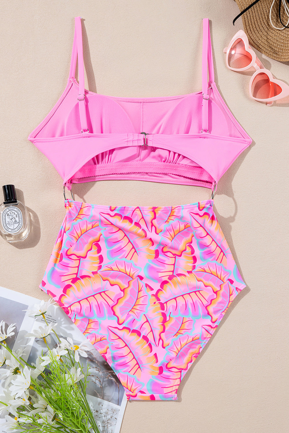 Rose O-ring Joint Leafy Print High Waist Monokini