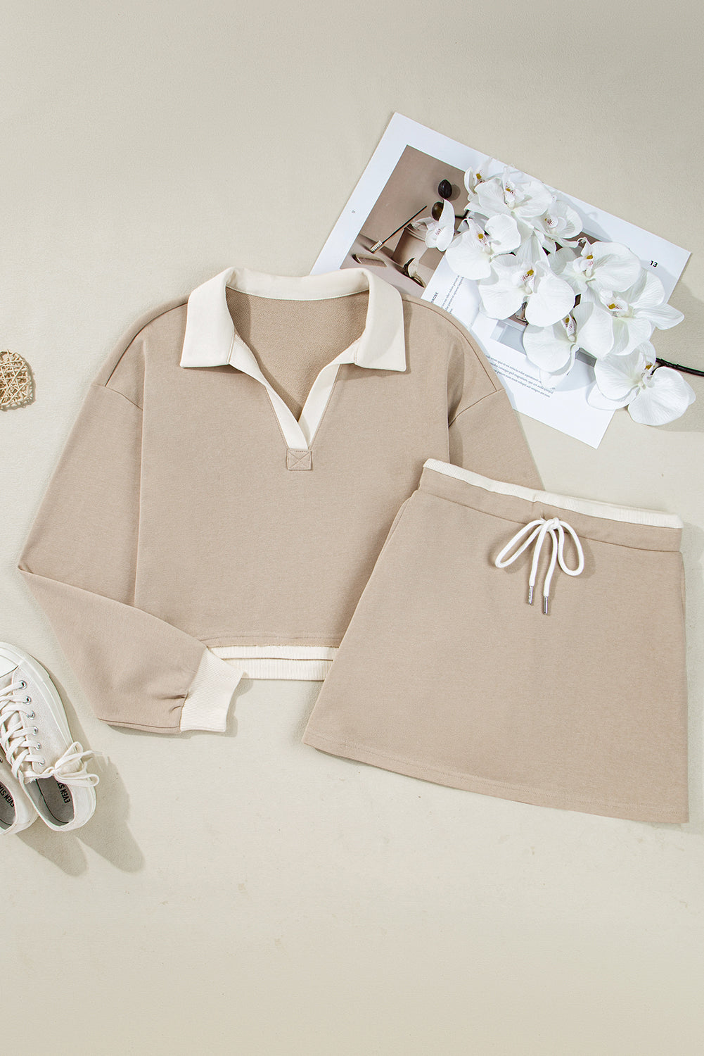 Parchment Raw Edge Detail Colorblock Patchwork Cropped Pullover Drawstring Skirt Set