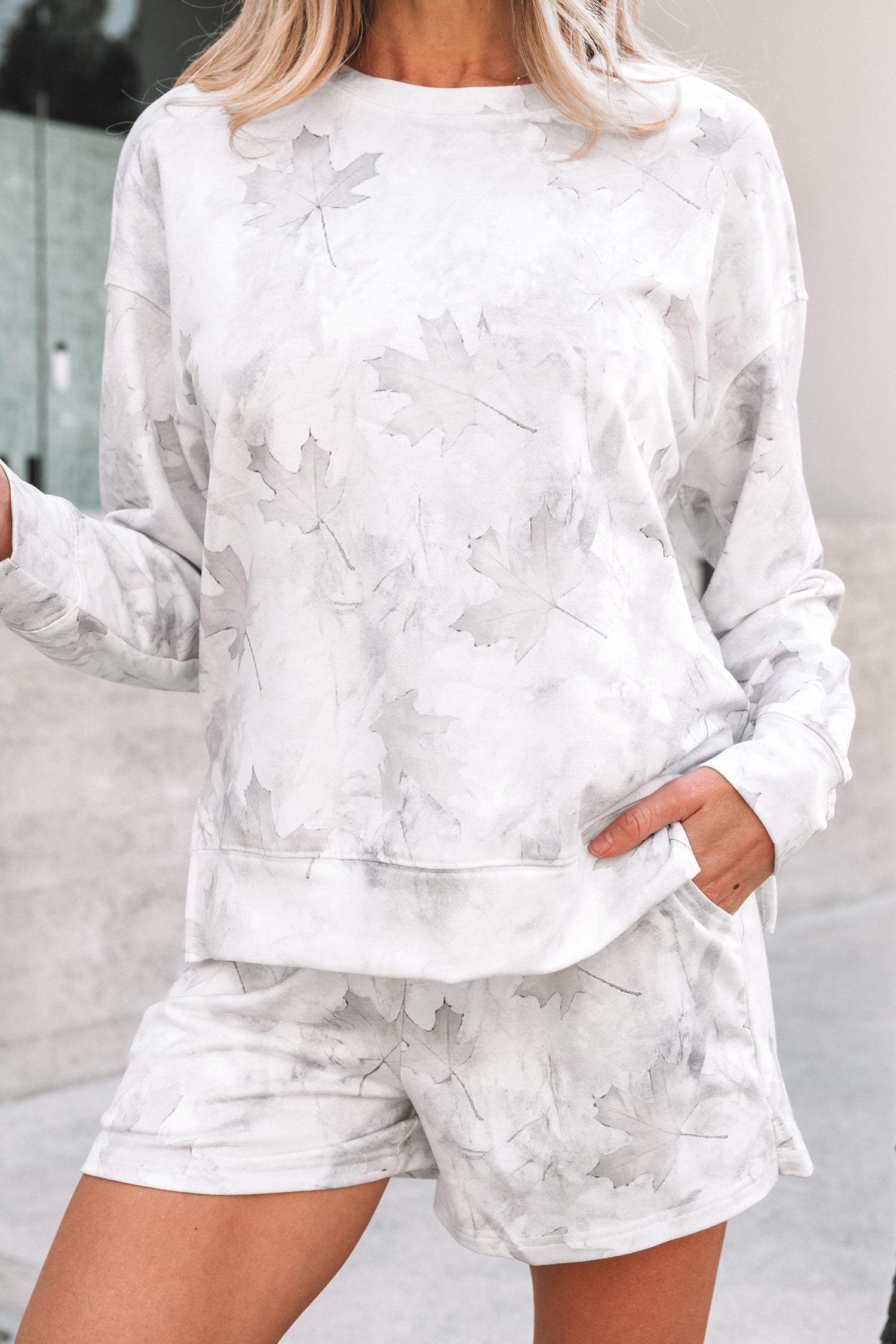 Beige Maple Camo Print Pullover Top and Elastic Waist Casual Short Set