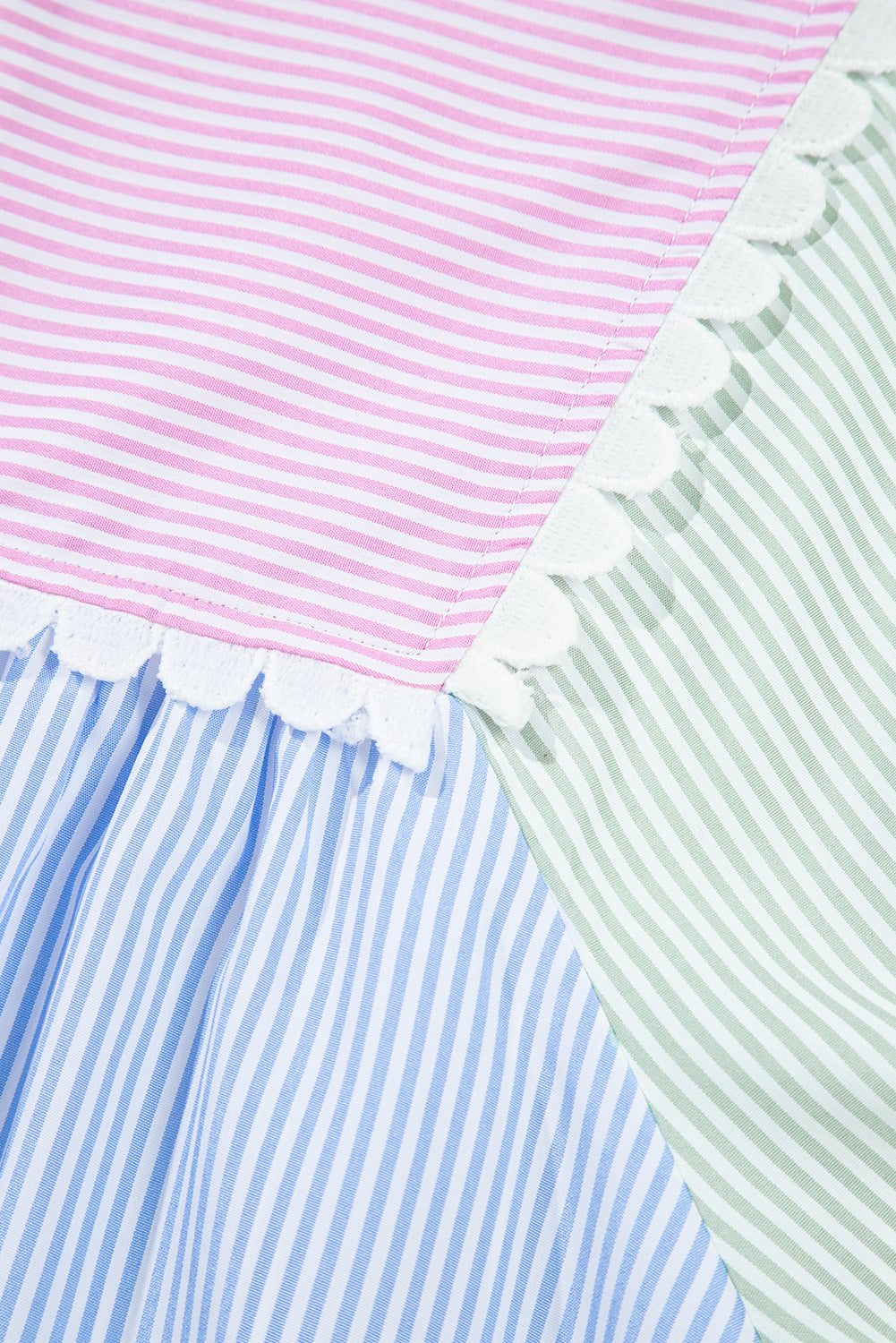 Multicolour Striped Patchwork Ric Rac Puff Sleeve Collared Mini Dress