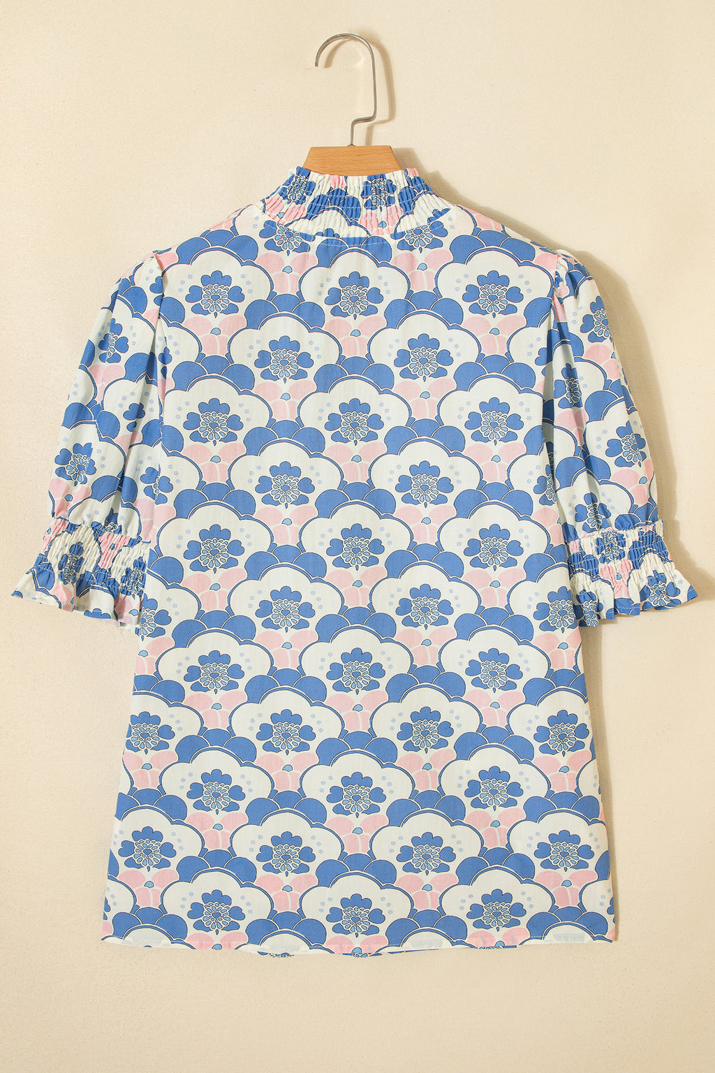 Sky Blue Floral Print Flounced Short Sleeve Contrast Trim V Neck Blouse