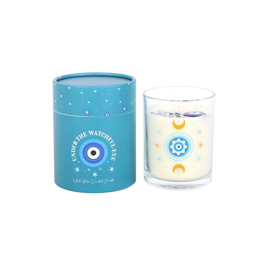Under Watchful Eyes White Rose Candle with Crystals